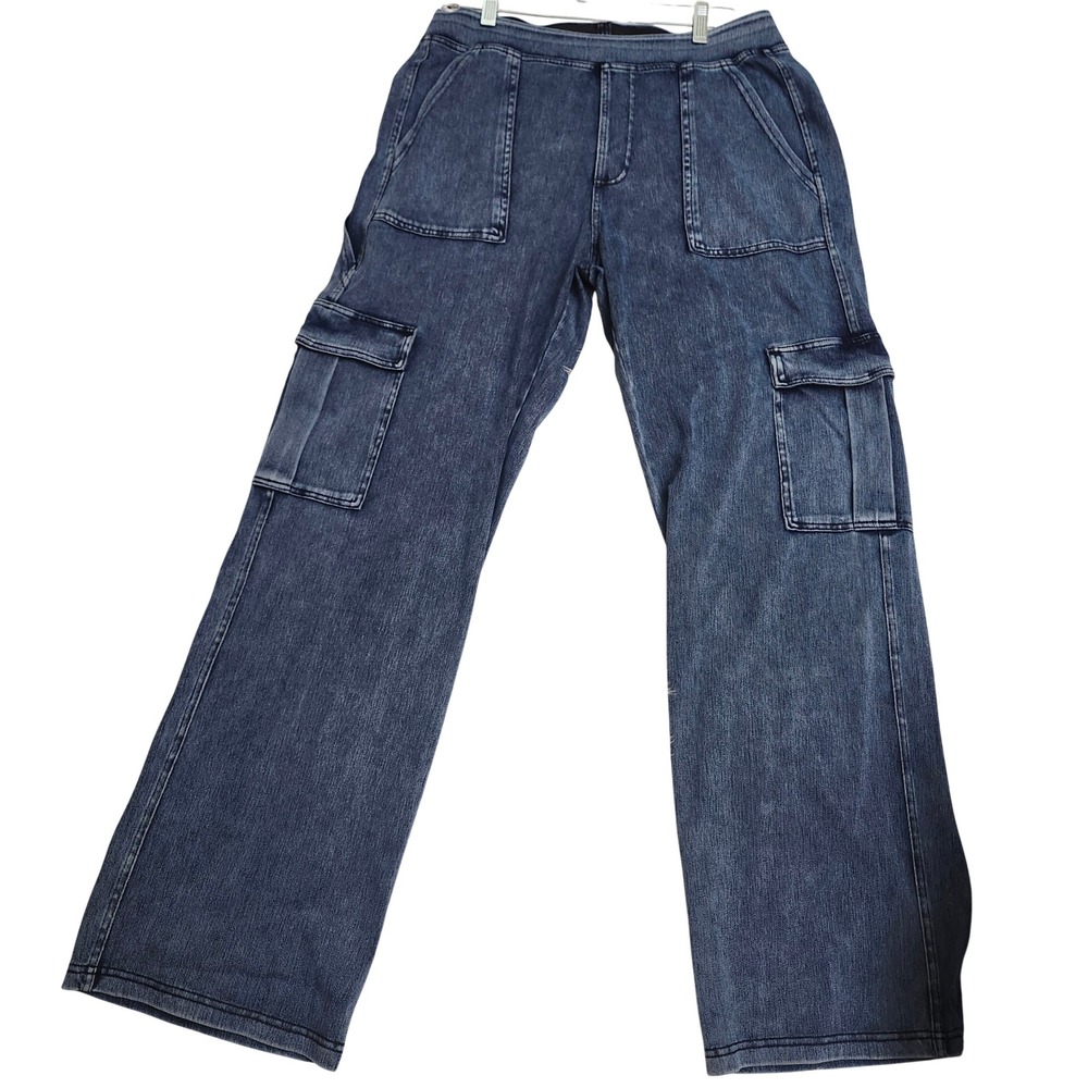 Halara Dark Wash Denim Look Cargo Wide Leg Pull On Pants Large Regular NWOT